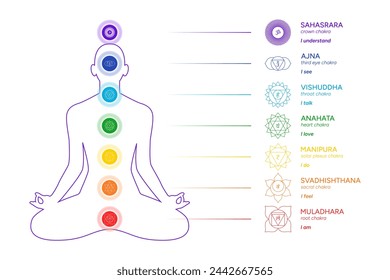 Chakras infographic, names, titles, line art symbol icons. Silhouette of a human body in a lotus position. Chakra system information illustration