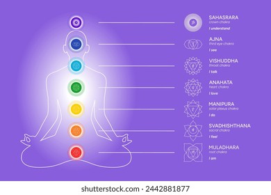 Chakras infographic, names, titles, line art symbol icons. Silhouette of a human body in a lotus position. Chakra system information illustration