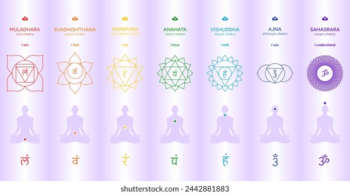 Chakras infographic, names, titles, line art symbol icons. Silhouette of a human body in a lotus position. Chakra system information illustration