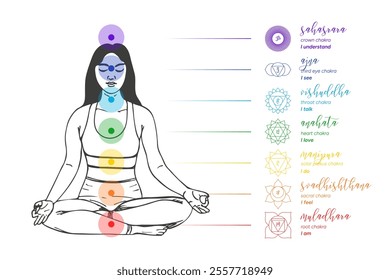 Chakras infographic, names, titles, line art symbol icons. Silhouette of a female woman human body in a lotus position. Chakra system information illustration