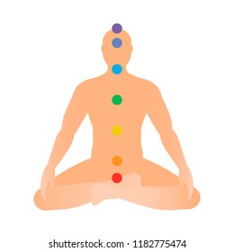 Chakras in a male body. Silhouette of a man in Lotus position with seven colored sacred dots. Vector illustration.