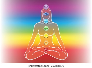 Chakras of a meditating woman. Vector illustration over rainbow gradient background.