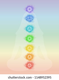 Chakras: muladhara, swadhisthana, manipura, anahata, vishuddha, ajna, sahasrara. Vector line symbol. Om sign. Silhouette of a girl in a lotus pose