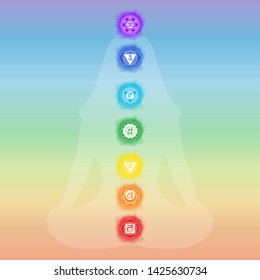 Chakras: muladhara, swadhisthana, manipura, anahata, vishuddha, ajna, sahasrara. Vector symbol. Om sign. Silhouette of a girl in a lotus pose. Smoky circles. Watercolor style. Sacral icon. Meditation