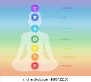 Chakras: muladhara, swadhisthana, manipura, anahata, vishuddha, ajna, sahasrara. Vector line symbol. Om sign. Silhouette of the man in a lotus pose. Smoky circles. Watercolor style. Sacral icon. 