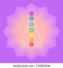 Chakras: muladhara, swadhisthana, manipura, anahata, vishuddha, ajna, sahasrara. Vector line symbol. 