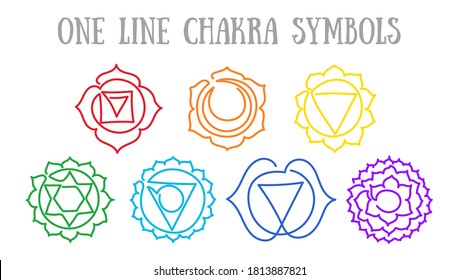 Chakras: muladhara, swadhisthana, manipura, anahata, vishuddha, ajna, sahasrara. Vector line symbol. Om sign. Sacral icon. Meditation