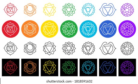 Chakras: muladhara, swadhisthana, manipura, anahata, vishuddha, ajna, sahasrara. Vector line symbol. Om sign. Sacral icon. Meditation