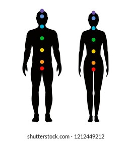 chakras on the body. Silhouettes of men and women with seven colored sacred points. Vector illustration.