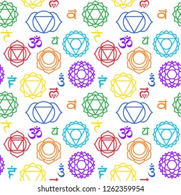 Chakras seamless pattern. Muladhara, swadhisthana, manipura, anahata, vishuddha, ajna, sahasrara. Vector colorful esoteric background. Hinduism, buddhism. Line symbol. Om sign