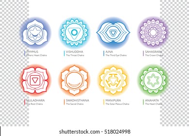 Chakras set  - ayurveda, spirituality, yoga symbols. Muladhara, Swadhisthana, Manipura, Anahata, Vishuddha, Ajna, Sahasrara. Editable vector illustration, transparent circle around.
