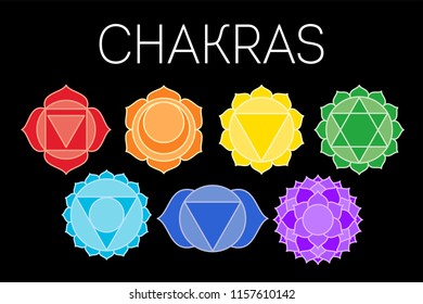 Chakras set: muladhara, swadhisthana, manipura, anahata, vishuddha, ajna, sahasrara. Vector line symbol. Om sign