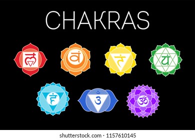 Chakras set: muladhara, swadhisthana, manipura, anahata, vishuddha, ajna, sahasrara. Vector line symbol. Om sign