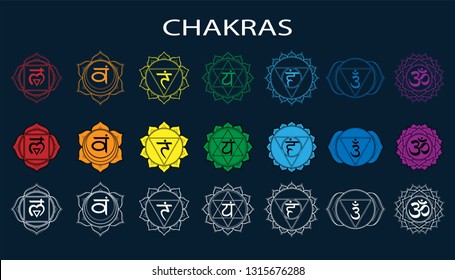 Chakras set: muladhara, swadhisthana, manipura, anahata, vishuddha, ajna, sahasrara. Vector line symbol. Om sign on a black background. EPS 10 Vector illustration