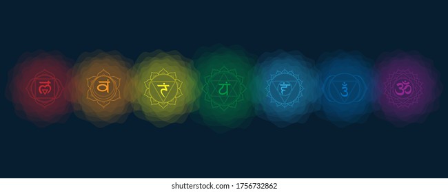 Chakras set: muladhara, swadhisthana, manipura, anahata, vishuddha, ajna, sahasrara. Vector line symbol. Icon with rounded circle smoke aura. EPS 10 Vector illustration.