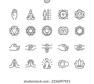 Chakras. Muladhara, swadhisthana, manipura, anahata, vishuddha, ajna, sahasrara. Yoga y meditación. Iconos De Línea Delgada De Vector Perfecto De Pixel. Pictograma mínimo simple