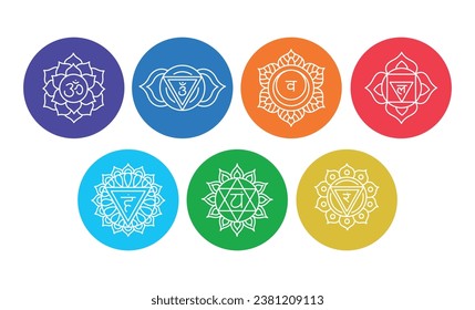 Chakras set: muladhara, swadhisthana, manipura, anahata, vishuddha, ajna, sahasrara. Isolated vector illustration on color background.