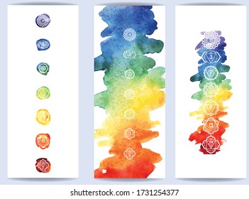 Chakras symbol on color watercolor background Template for yoga mats, spiritual retreat or yoga studio
