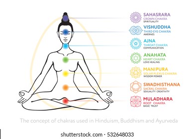 Chakras system of human body - used in Hinduism, Buddhism and Ayurveda. For design, associated with yoga - poster, banner. Vector Sahasrara, Ajna, Vishuddha, Anahata, Manipura, Swadhisthana, Muladhara