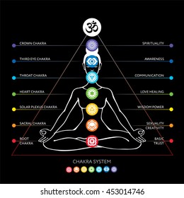 Chakras system - muladhara, svadhisthana, manipura, anahata, vishudha, ajna, sahasrara. Asana padmasana - vector editable illustration. Ayurveda, yoga, Hinduism. 