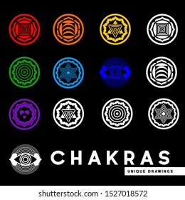 Chakras. Unique drawing. collection of Chakras set. I drew them by hand. All symbols are in vector. 