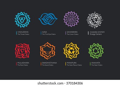 Chakras vector set - ayurveda, spirituality, yoga symbols: Sahasrara, Ajna, Vishuddha, Anahata, Manipura, Swadhisthana, Muladhara and Om. Editable freehand illustration, eps 8