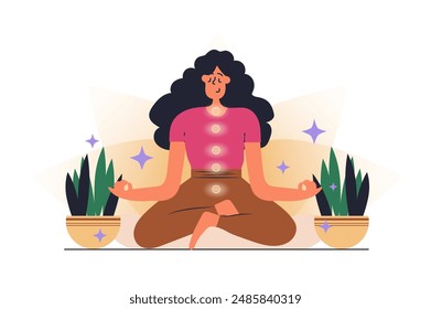 Chakras web concept with people scene in flat design. Woman sitting in lotus position, making meditation and opens energy points in her body. Vector illustration with character situation for web