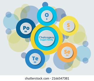 Chalcogens. The oxygen family. Periodic system of elements. Beautiful vector color illustration. Poster on the theme of chemistry. Oxygen, sulfur, selenium, tellurium, polonium. Visual aid in chemistr