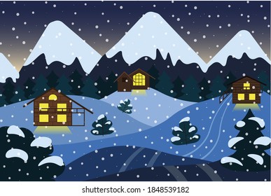 Chalet, alps, winter evening, light in the window