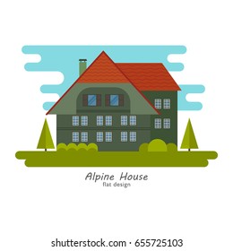 Chalet home on an isolated background. Flat design. House and apartments for reservation and rent