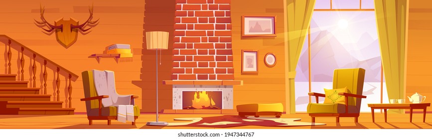 Chalet house interior with fireplace and mountains behind window. Vector cartoon illustration of traditional lodge, mountain cottage living room with chairs and horns on wall