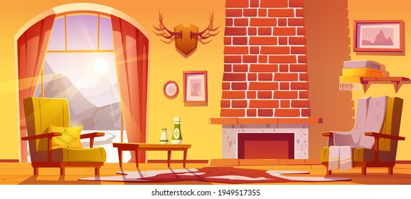 Chalet house interior with fireplace and mountains behind window. Vector cartoon illustration of traditional lodge, mountain cottage living room with chairs and horns on wall