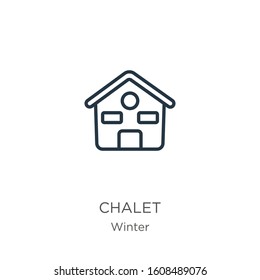 Chalet icon. Thin linear chalet outline icon isolated on white background from winter collection. Line vector sign, symbol for web and mobile