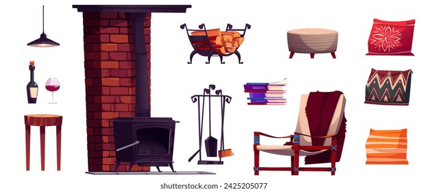 Chalet interior design elements set isolated on white background. Vector cartoon illustration of fireplace, stack of books, wine bottle and glass on table, armchair, scandinavian style cushions