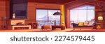 Chalet interior with fireplace in winter cabin cartoon vector illustration. Vintage living room in hotel with terrace and mountain view landscape from window. Wine bottle on table near couch and pouf.