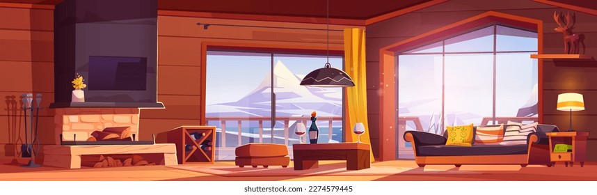 Chalet interior with fireplace in winter cabin cartoon vector illustration. Vintage living room in hotel with terrace and mountain view landscape from window. Wine bottle on table near couch and pouf.