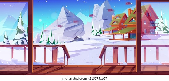 Chalet or lodge on mountain ski resort with funicular. Vector cartoon illustration of house wooden porch with staircase, balustrade and view of winter landscape with cableway and hotels