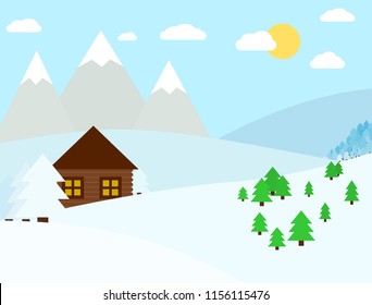 Chalet in mountains. Winter landscape. Vector illustration. Snowy mountains and trees.