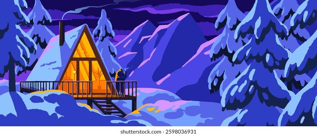 Chalet is in snowy landscape at night. Christmas evening in winter forest in cabin. House with triangle shape, A frame in snow nature view. Villa, cottage in woodland scenery. Flat vector illustration