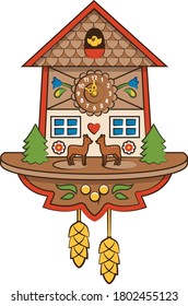 chalet style cute retro cuckoo clock illustration with hearts and deer