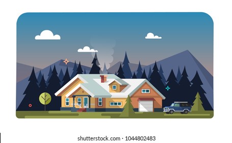 Chalet, wooden house, eco house, house on the nature. Vector flat illustration.