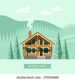 Chalet, wooden house, eco house, house on the nature - vector flat illustration.