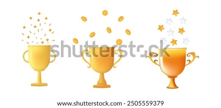 Chalice 3d. Trophy cup with coins and confetti. Gold award, victory in the competition, first place. Gold prize, success of the winner, gift to the champion. Leader in the game. Vector 3D illustration