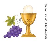 Chalice with bread and grapes, First Communion card.