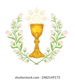 Chalice with bread and grapes, First Communion card.