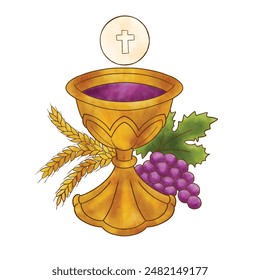 Chalice with bread and grapes, First Communion card.