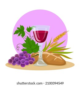 Chalice, bread and wine, grapes and wheat ears, first Communion 
