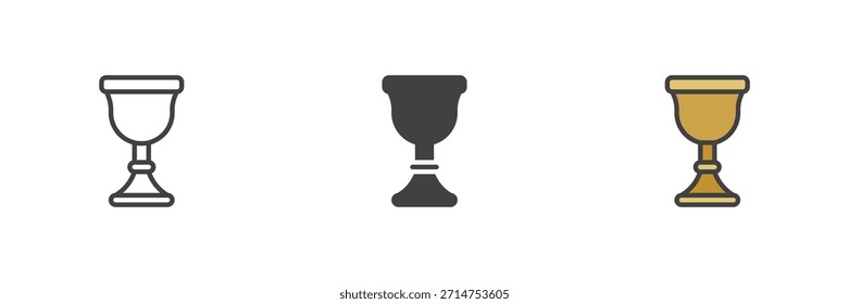 Chalice Cup mittelalterlichen Ritual verschiedenen Stil Ikone Set. Linie, ausgefüllte Kontur und einfarbiges Vektorsymbol. Heiliges Gefäßsymbol, Zeremonienzeichen, religiöse Ikone.