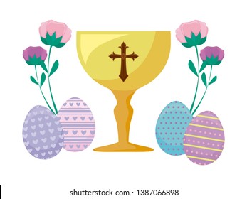 chalice with eggs of easter and flowers