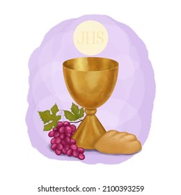 Chalice, host, bread and grapes, First communion greeting card